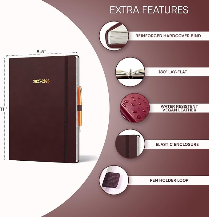 Ensight 2025-2026 HARDCOVER Leather Planner Weekly & Monthly - 8.5x11 Inches - Academic Planner Business Personal or Student - Pen Holder, Thick Paper, July 2025 - June 2026 (Red)