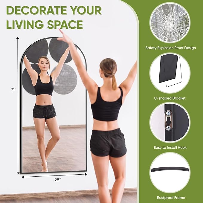 Full-Length Floor Mirror with Stand, 71"x28" Arched Style Full Body Standing Mirror for Bedroom, Living Room, Gym, Dorm - Shatter-Resistant & Easy Assembly, Black