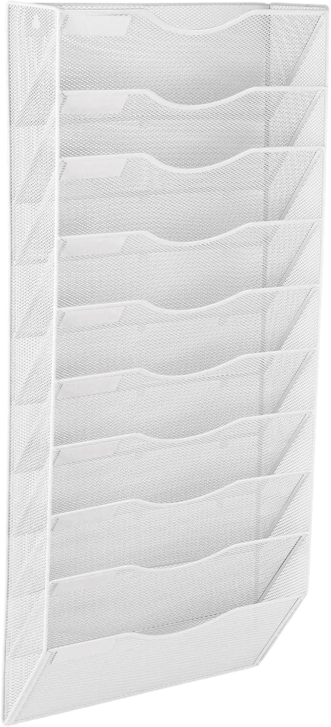 EASEPRES 10 Pocket Mesh Hanging Wall File Organizer, Wall Mounted Mail Paper Document Folder Holder, Clipboard Storage Organization Magazine Rack with Nametag Label for Office Home School, White
