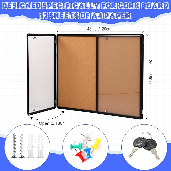 Enclosed Bulletin Board 48" x 36" Weather Resistant Lockable Notice Cork Display Board Wall Mounted 2 Locking Door for School Classroom Commercial Back to School, 12 x A4(Brown, Black Frame)