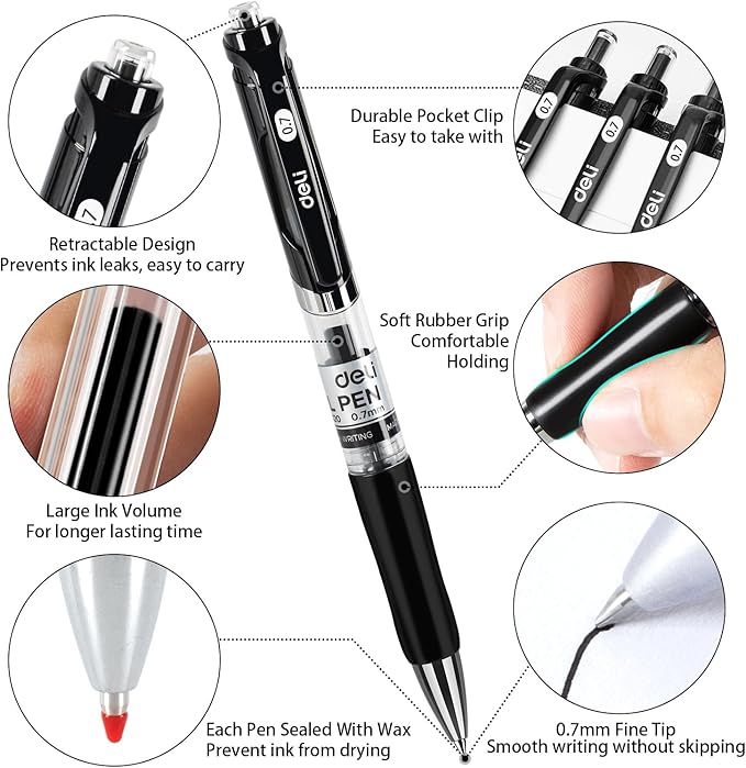 deli Gel Pens, 100 Pcs Retractable Pens Black Ink, Medium Point Pen 0.7mm, Smooth Writing, Fast Dry, No Bleed for Journaling Note Taking, Home School Office Supplies