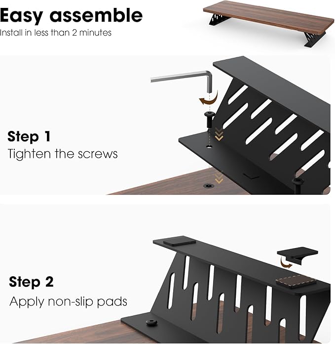 Fenge Monitor Stand Riser, Desk Top Shelf for 2 Monitors, Computer Stands for Desk, Wood & Steel Desktop Riser for Laptop, PC, Printer
