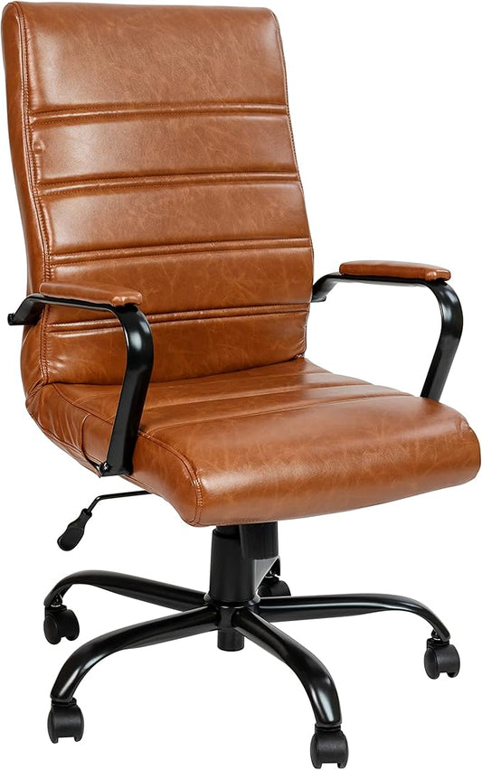 Flash Furniture Whitney High-Back Swivel LeatherSoft Desk Chair with Padded Seat and Armrests, Adjustable Height Padded LeatherSoft Office Chair, Brown/Black Gold