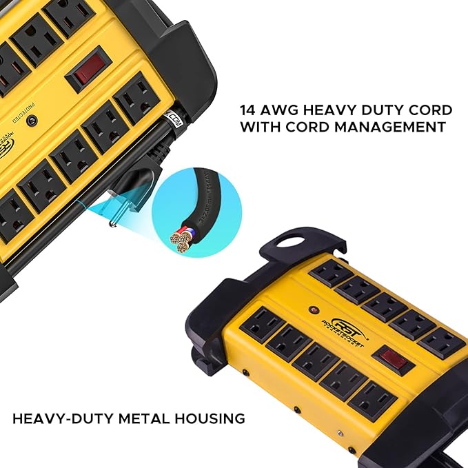 CRST Heavy Duty Surge Protector Power Strip 10-Outlet Metal Industrial Power Strip with 2800 Joules, 15A Circuit Breaker, 14 Gague 6ft Extension Cord for Workshop, Garage, Office, School…