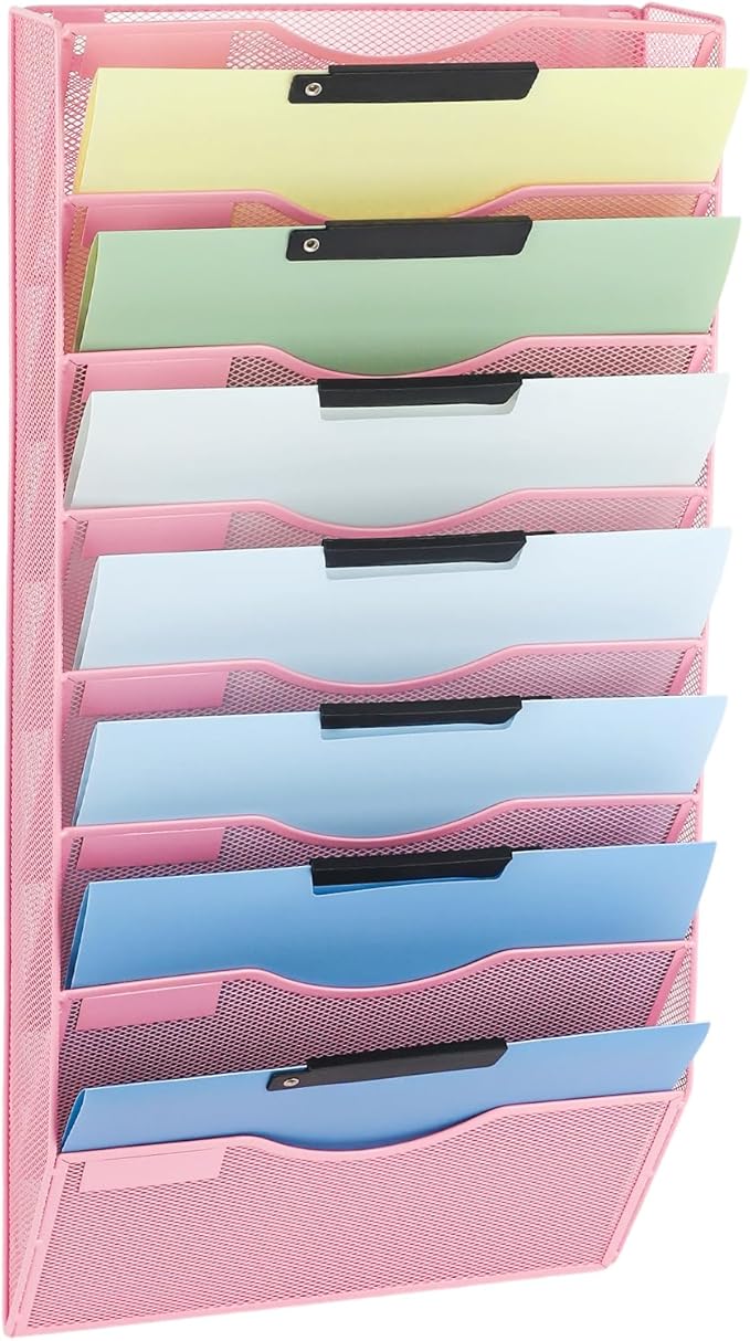 EASEPRES 8 Pocket Mesh Hanging Wall File Organizer, Wall Mounted Mail Paper Document Folder Holder, Clipboard Storage Organization Magazine Rack with Nametag Label for Office Home School, Pink