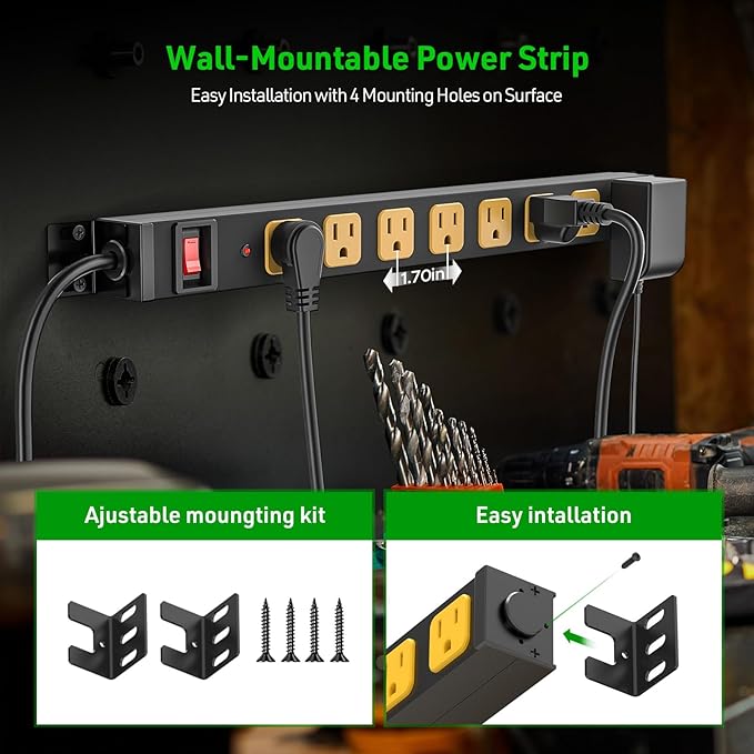 CRST 8 Outlet Metal Heavy Duty Power Strip, 2100 Joules Mountable Surge Protector Power Strip, Slim Power Bar with 6ft 14AWG Cord, ETL Listed