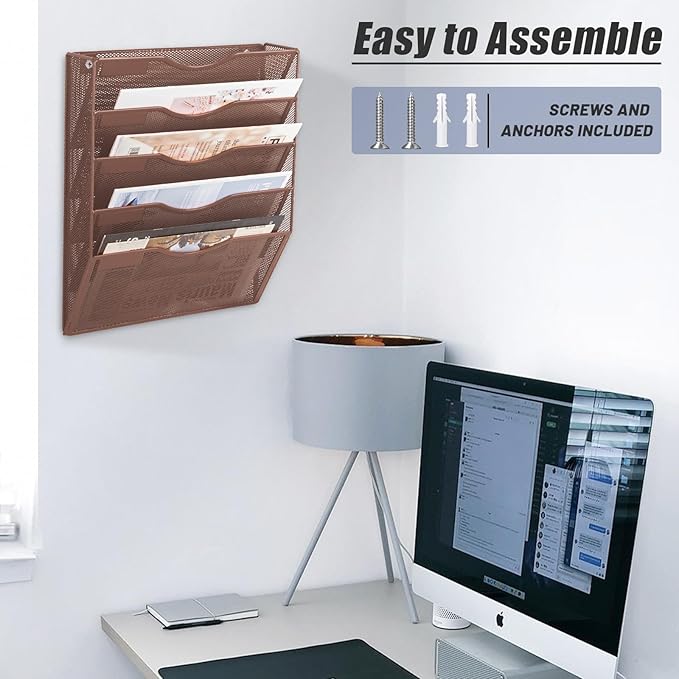 EASEPRES 5 Pocket Mesh Hanging Wall File Organizer, Wall Mounted Mail Paper Document Folder Holder, Clipboard Storage Organization Magazine Rack with Nametag Label for Office Home School, Brown