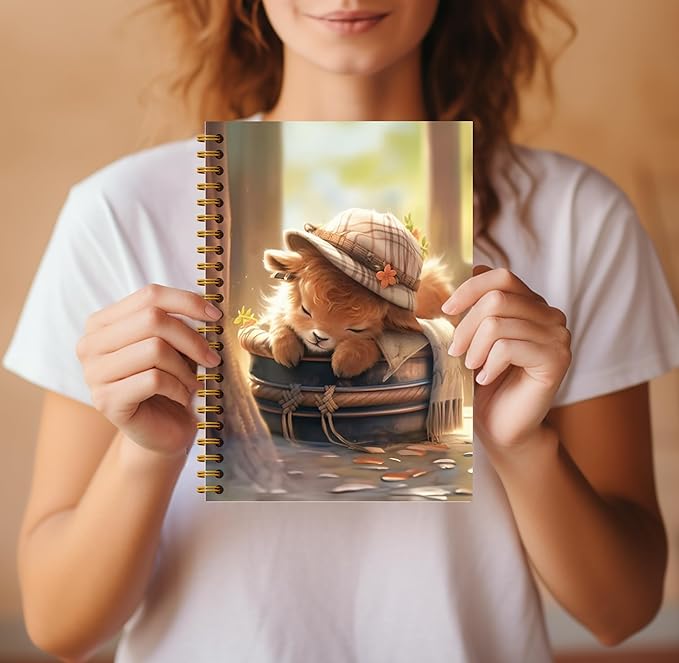 Cute Highland Cow Notebook - Western Cow Notebook, Highland Cow Office Supplies, Highland Cow Gifts, Cow Lover Gifts, Cute Cow Stuff, Funny Sleeping Highland Cow Spiral Notebook 5.5x8.3