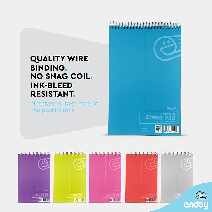 Enday Steno Pads Spiral 6 Pack, 6 x 9, 80 Sheets White Paper, Gregg Rule, Steno Notebook for writing, Assorted Colors, Pink, Purple, Green, Blue, Red, Grey