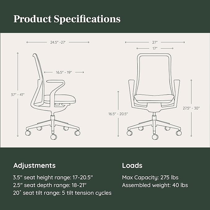 Branch Verve Chair - High Performance Executive Office Chair with Contoured Seat Back and Adjustable Lumbar Rest - High Density Foam Cushion with Aluminum Base - Up to 275 lbs - Mist
