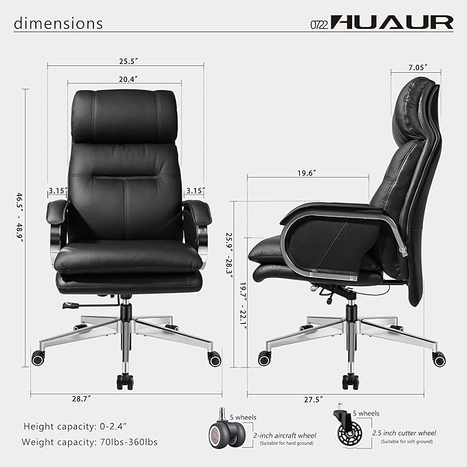 Genuine Leather Modern Executive Chair High-Back Support 90 to 150 Degrees Tilt and Upholstered Home Desk Chair with Base 360LB Capacity Swivel Computer Office Chair (Black)