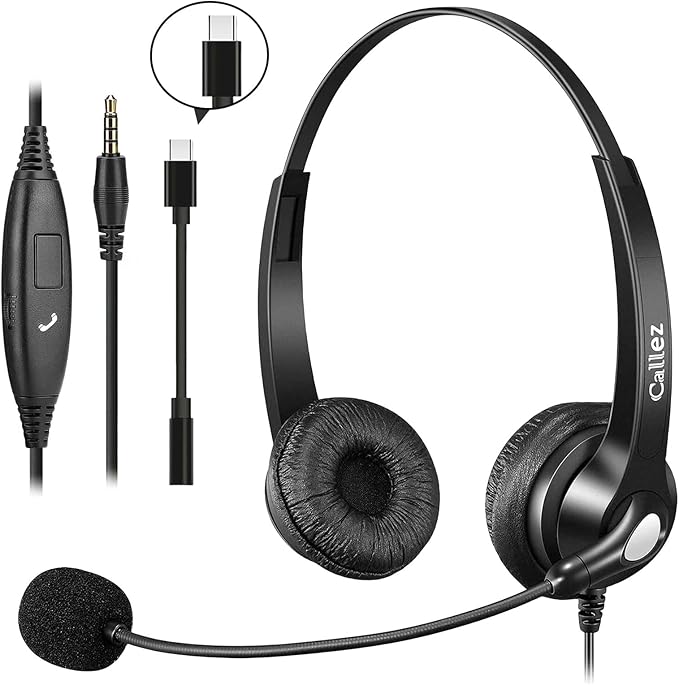 Callez Wired Computer Headset, 3.5mm/USB-C Headset with Mic Noise Cancelling for Work, Cell Phone Headphone for PC Laptop Mac iPhone Samsung Zoom Teams Call Center Home Office, in-line Controls