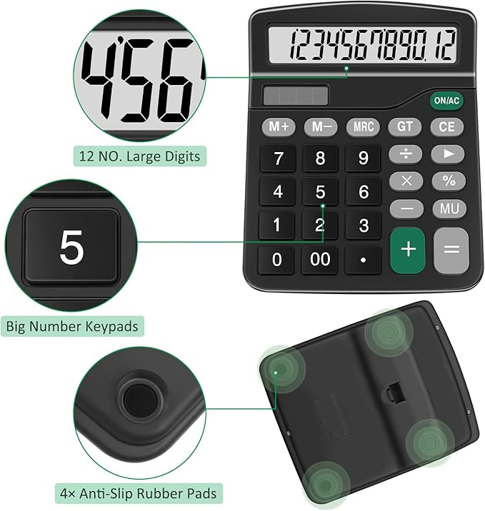 Calculators, Splaks 2 Pack Standard Functional Desktop Calculators Sola and AA Battery Dual Power Electronic Basic Calculator with 12-Digit Large Display for Office, Home, School (2 Black)