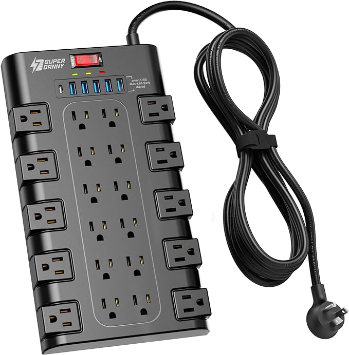 Extension Cord 10 Ft, SUPERDANNY Power Strip Surge Protector with 6 USB Charging Ports and 22 AC Outlets, 1875W/15A, 2100 Joules, Flat Plug Power Outlet for Home, Office, Dorm, Gaming Room, Black