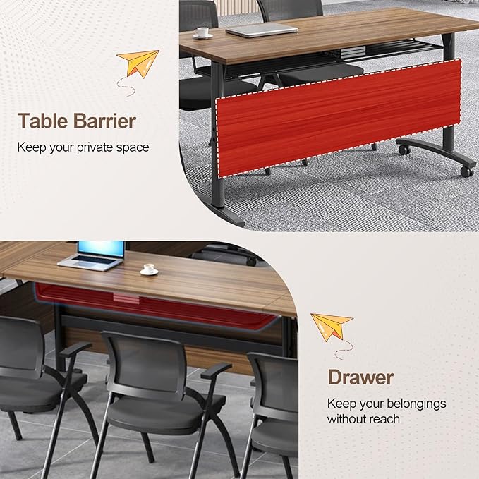 Folding Conference Room Table, Modern Conference Tables with Wheels, Large Rectangular Mobile Training Tables for Office Classroom, Foldable Modular Boardroom Seminar Table Walnut (4pack L63in)