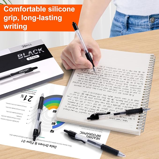 Gel Pens, 30 Pack Black Gel Pen Fine Point, Retractable Gel Ink Rollerball Pens for Smooth Writing (0.7mm) Back to School Supplies