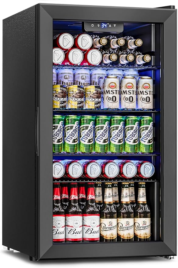 Beverage Refrigerator and Cooler - 126 Can Mini Fridge Glass Door for Soda Beer Wine - Freestanding Beverage Fridge for Bedroom Office Bar, 4 Adjustable Shelves, 3.2 Cu.Ft, Black