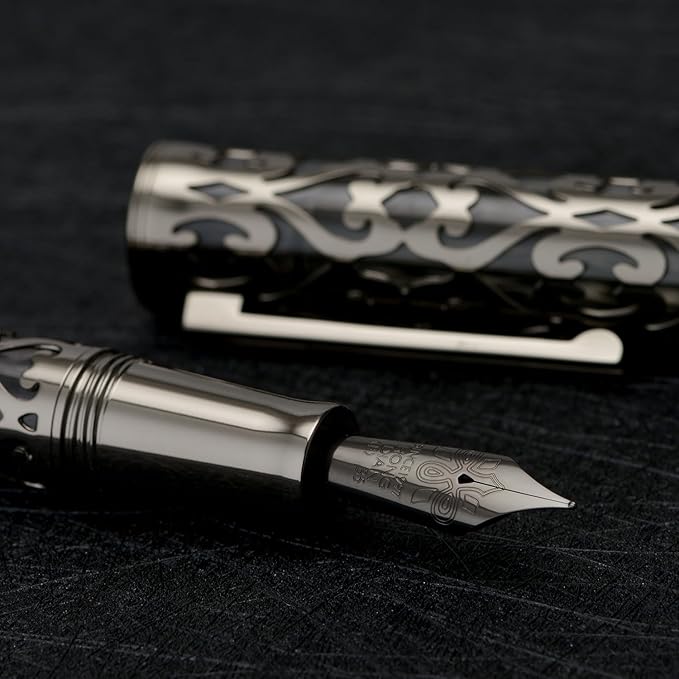 Hongdian D1 Piston Fountain Pen Extra Fine Soft Nib, Jet Black Hollow Skeleton & Resin Pen with Metal Case Set