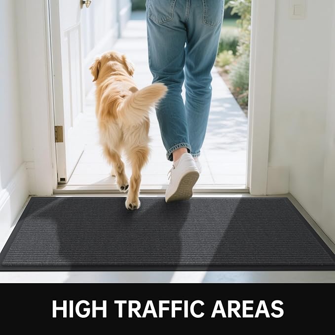 Front Door Mat, 2' x 6' Heavy Duty Indoor Outdoor Welcome Mat for Entryway, Commercial Entrance, Low Profile, Non-Slip, Durable Rubber Backing for Patio, Home