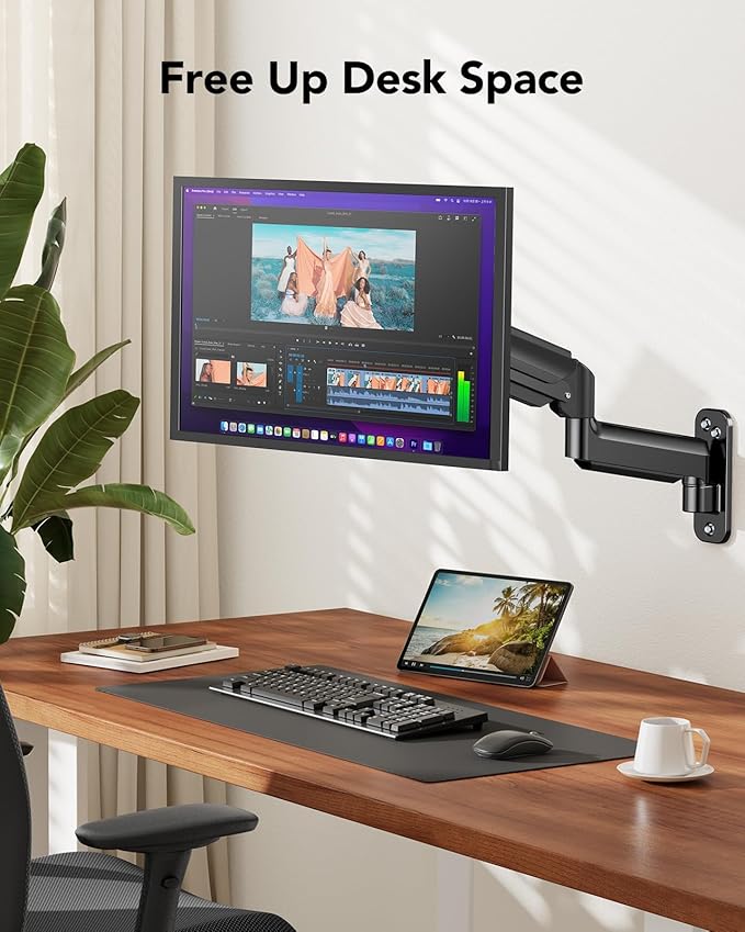 HUANUO Computer Monitor Wall Mount for 22 to 35 inch Flat Curved Screens, Single Wall Mount Monitor Arm Holds up to 26.4lbs, Height Adjustable Full Motion Gas Springcore Vesa Mount, Max 200x200mm