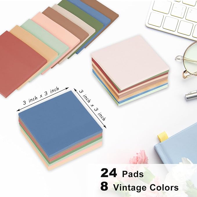 (24 Pack) Sticky Notes 3x3 in., Sticky Note Pads, Vintage Colors Self-Stick Notes Pads, Strong Adhesive, Recyclable, Easy to Post for Home, Office, Notebook