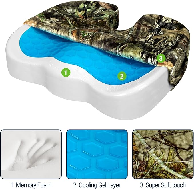 Gel Seat Cushion for Car Office - Memory Foam Pain Relief Chair Pillow Cushions - Tailbone Sciatica Coccyx Butt Lumbar Support Pad for Sitting Driving Traveling, Velvet, Mossy Oak