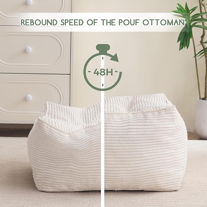 HIGOGOGO Square Stuffed Pouf Ottoman, Corduroy Poufs with Foam Chunk Filling, Furry and Fluffy Pouf Foot Stool Storage Ottoman, 25.6 X 25.6 Floor Poufs Foot Rest for Living Room, Beige