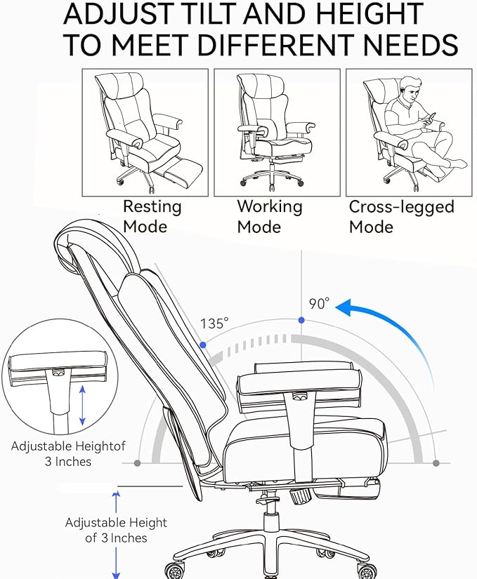 Efomao Ergonomic Office Chair 450LBS with Foot Rest, High Back PU Leather Executive Office Chair with Adjustable Armrests, Lumbar Support for Home or Work, Computer Chair, Black