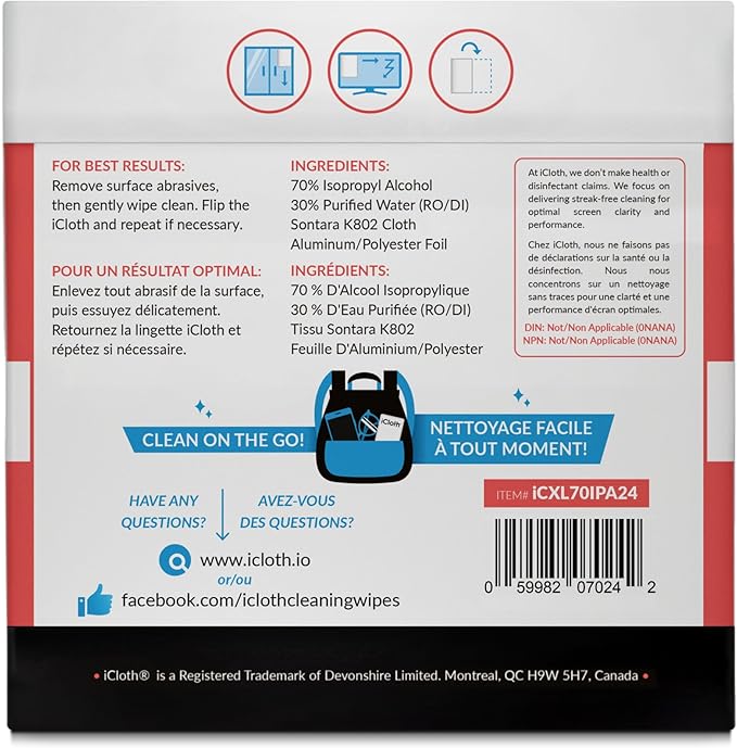 iCloth 70% Isopropyl Alcohol XL Screen and Electronics Wipes, Lint-Free, Streak-Free, Fast-Drying, Removes Dust and Fingerprints (24 Wipes)