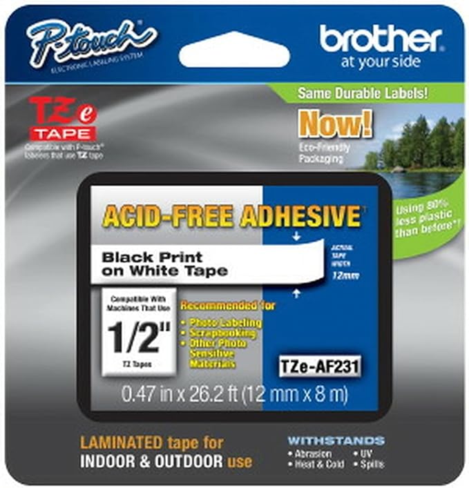 Brother Genuine P-touch TZE-AF231 Tape,1/2" (0.47") Wide Acid-Free Adhesive Laminated Tape, Black on White, Safe for Photo-Labeling or Scrapbooking, Water-Resistant,0.47" x 26.2' (12mm x 8M), TZEAF231