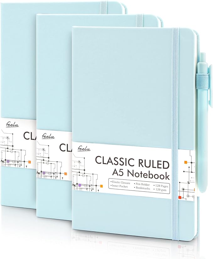 feela 3 Pack Notebooks Journals Bulk, Hardcover Notebook Classic Ruled Lined Journals with Pen Holder for Women Girls School Business Supplies, with 3 Black Pens, 120 GSM, 5.1”x8.3”, A5, Sky Blue