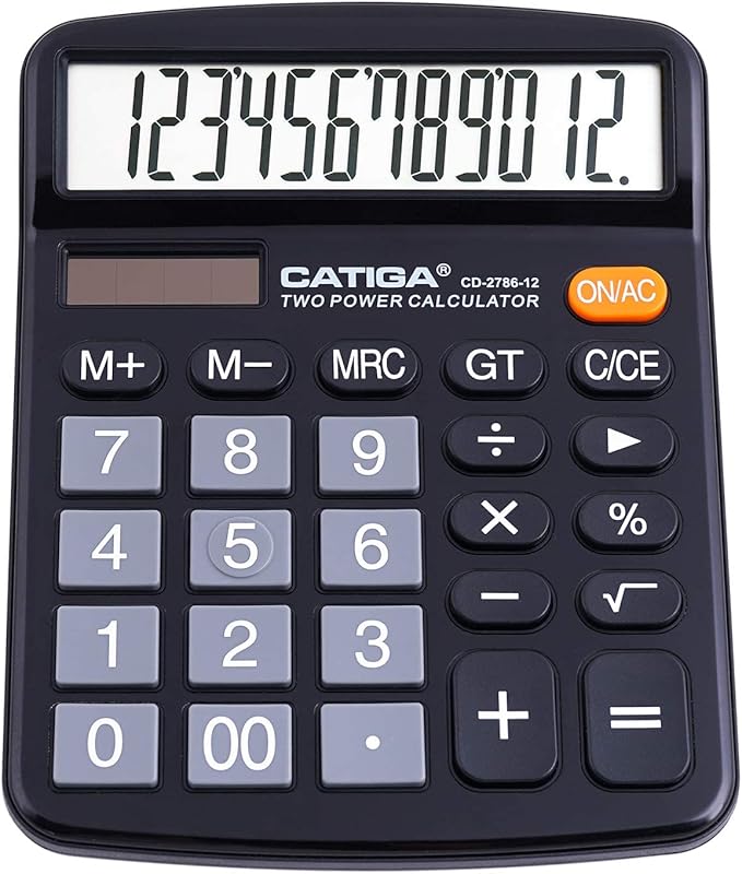 CATIGA 12 Digits Desktop Calculator with Large LCD Display and Sensitive Button, Dual Solar Power and Battery, Standard Function for Office, Home, School, CD-2786