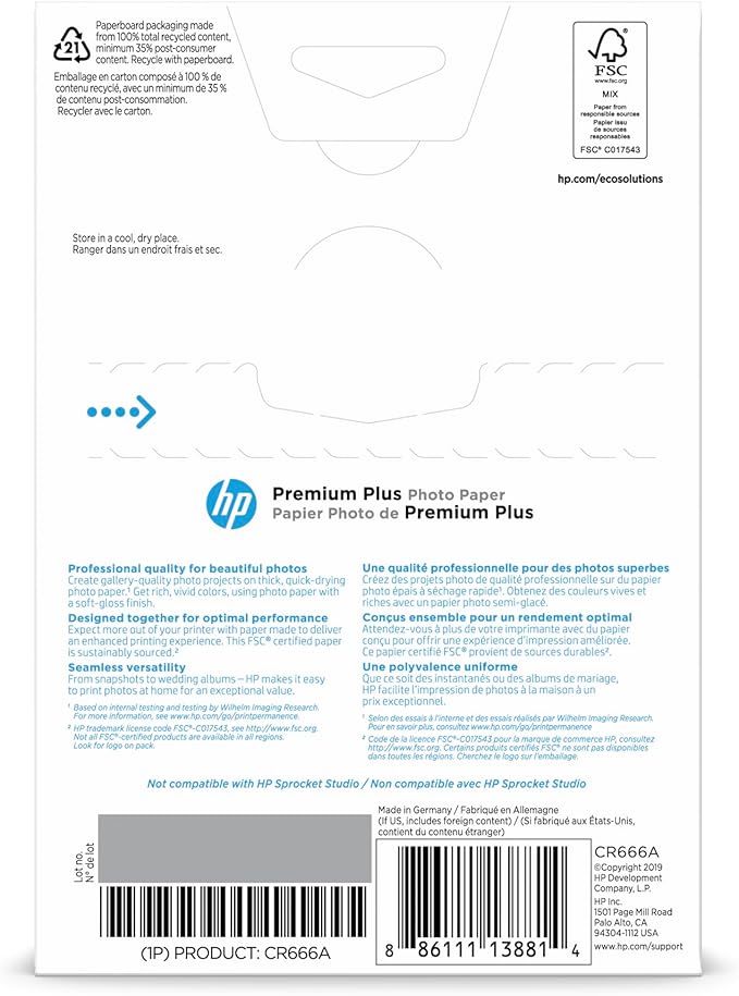 HP Premium Plus Photo Paper, Satin, 4x6 in, 100 sheets (CR666A)