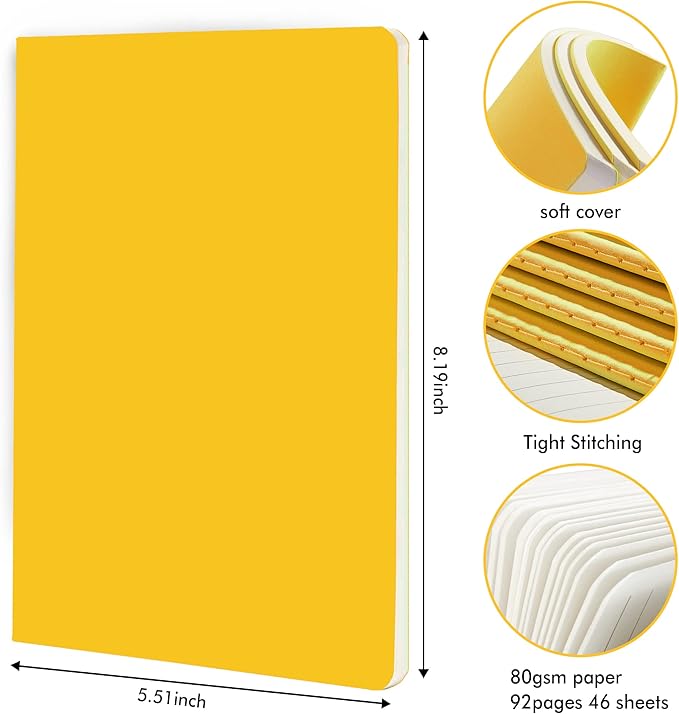 feela 8 Pack Soft Cover Journal Bulk, Notebooks College Ruled for Work, Lined Travel Journal for Women Men, Note Taking Notebook School Supplies Business Writing, 8.2” x 5.5”, A5, Yellow
