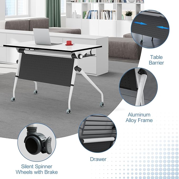 Conference Table, Folding Conference Room Tables, Mobile Training Tables with Silent Wheels, Large Rectangular Modular Seminar Table Office Computer Desks for Classroom White (2Pack L63in)