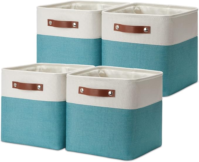 DULLEMELO Foldable Storage Cubes 11 x 11 Organizer Bins,Canvas Storage Bins Empty Gift Baskets for Organizing with SturdyLeather Handles, Closet Baskets for Nursery Storage(4 Pack - 11" White&Teal)