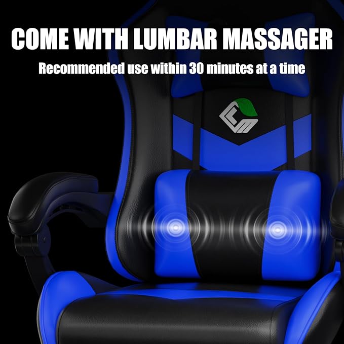 Gaming Chair, Ergonomic Office Computer Chair with Footrest and Lumbar Support Massager Racing Style High Back Video Gamer Chair, Wide＆Thick Cushion, 90°-135° Recline, Adjustable Height, Blue