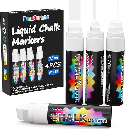 FansArriche White Chalk Markers, 15mm Jumbo Car Window Markers for Glass Washable, 4 Pack Liquid Chalk Marker Erasable for Chalkboard, Blackboard
