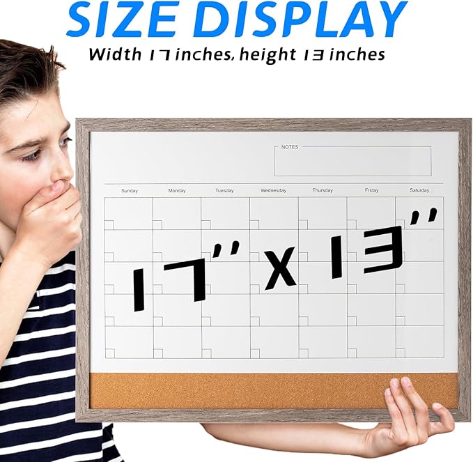 Dry Erase Calendar Whiteboard, 17" x 13" Magnetic Whiteboard Cork Board Combo, Reusable Monthly Planner with 8 Markers, Eraser, Magnets and Push Pins to Hang Dry Erase Board for Home, School - Gray