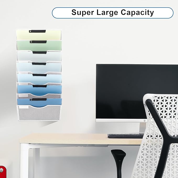 EASEPRES 8 Pocket Mesh Hanging Wall File Organizer, Wall Mounted Mail Paper Document Folder Holder, Clipboard Storage Organization Magazine Rack with Nametag Label for Office Home School, White