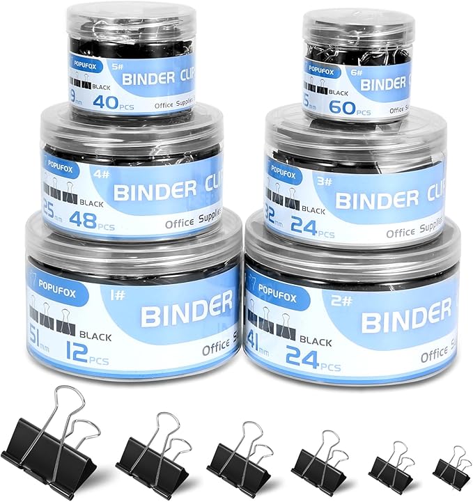 Binder Clips Assorted Sizes Including Extra Large Medium Small Mini and Micro, Office Supplies File Clamps Paper Clips, 6 Sizes in 6 Boxes, 208 PCS Metal Black Clamps for School