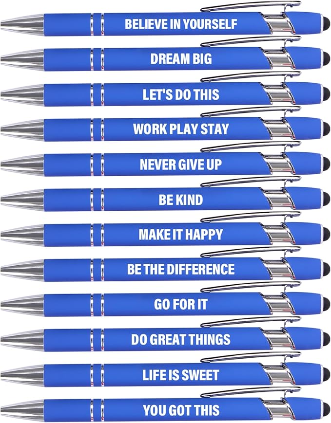 Funny Pens, 12 Pcs Pens Fine Point Smooth Writing Pens, Inspirational Ballpoint Pens with Screens Touch Stylus Tips, Blue Ink 1.0 Mm Pens Gift Office Desk Accessories, Motivational Stylus Pens