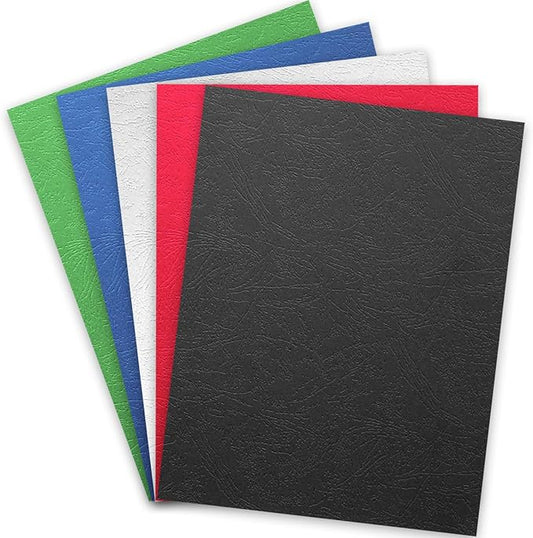 Binditek 100 Pack 13Mil Grain Texture Paper Binding Presentation Covers, 8-1/2 x 11 Inches 90lb, 250 GSM, Un-Punched, 5 Multi Colors (Black, White, Red, Green, Blue)