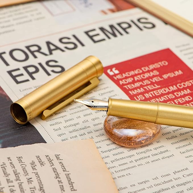 Hongdian Pure Brass Fountain Pen Bent Nib Fude Pen for Calligraphy Writing (Fine to Broad) with Refillable Converter and Metal Pen Box Set