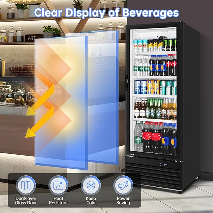 Commercial Beverage Refrigerator, 24.5 Inch 15 Cu. Ft. Drink Fridge, Display Refrigerator with Glass Door, Commercial Display Fridge with 4 Adjustable Shelves, for Shops, Restaurants, Bars