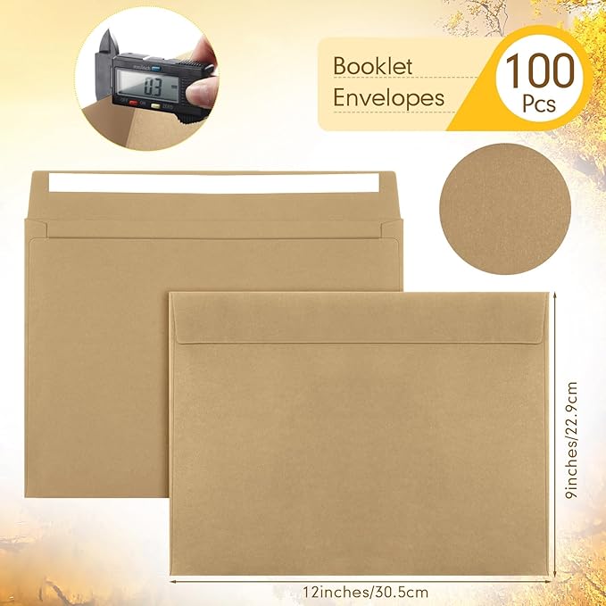 Crtiin 100 Pcs 9 x 12 Open End Booklet Envelopes 80 lb 120gsm Catalog Envelopes with Closure for Mailing Catalog Financial Document Magazine Pamphlet Business(Kraft Paper Color)