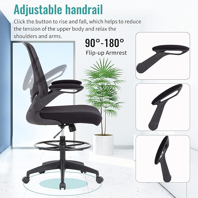 BestOffice Drafting Chair Tall Office Chair with Adjustable Foot Ring and Flip-Up Arms Computer Standing Desk Chair Executive Rolling Swivel Chair for Office & Home