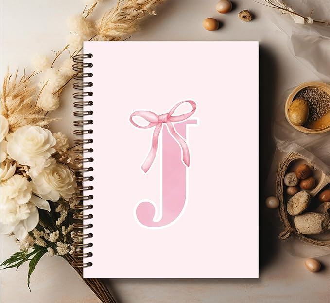 Coquette Trendy Preppy Pink Bow Spiral Notebook,Initial J Journal Personalized Teen Girl Gifts,Monogrammed Gifts for Women Teen Girl,College Ruled Hardcover Spiral Notebook 5.5 x 8.3
