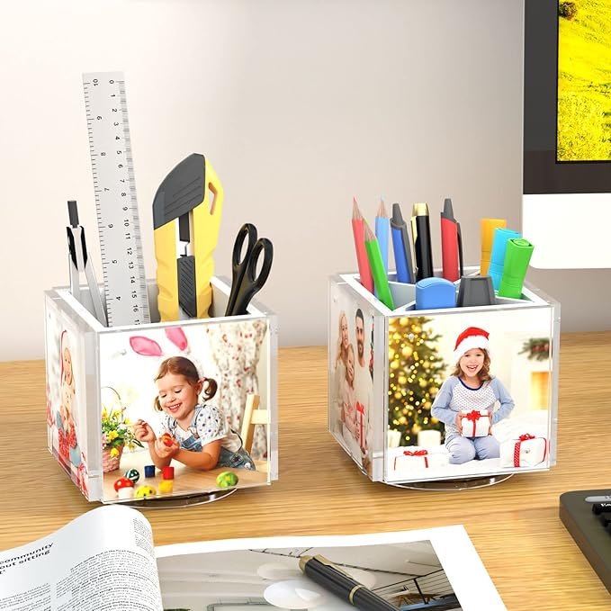 HIIMIEI Acrylic Rotating Pen Holder for Desk, Pencil Holder Picture Frame Holds 4 Family Photos of 4"x4", Desk Pen holder Organizer for Office, Classroom, Home, Kids (White)