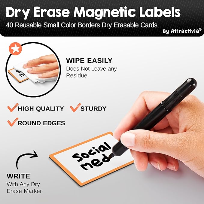 Dry Erase Magnetic Labels 2.8 x 1.8 in, Color Borders, Small Dry Erase Magnets, 40-Pack, White Erasable Write-On All-Purpose Labels, for Office, Education, Home, Whiteboard